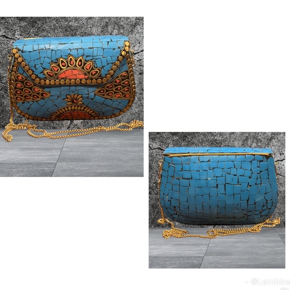 NWOT RAMLA Blue and Gold Mosaic handcrafted bag - Picture 1 of 2